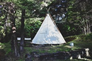 a white teepee under green trees